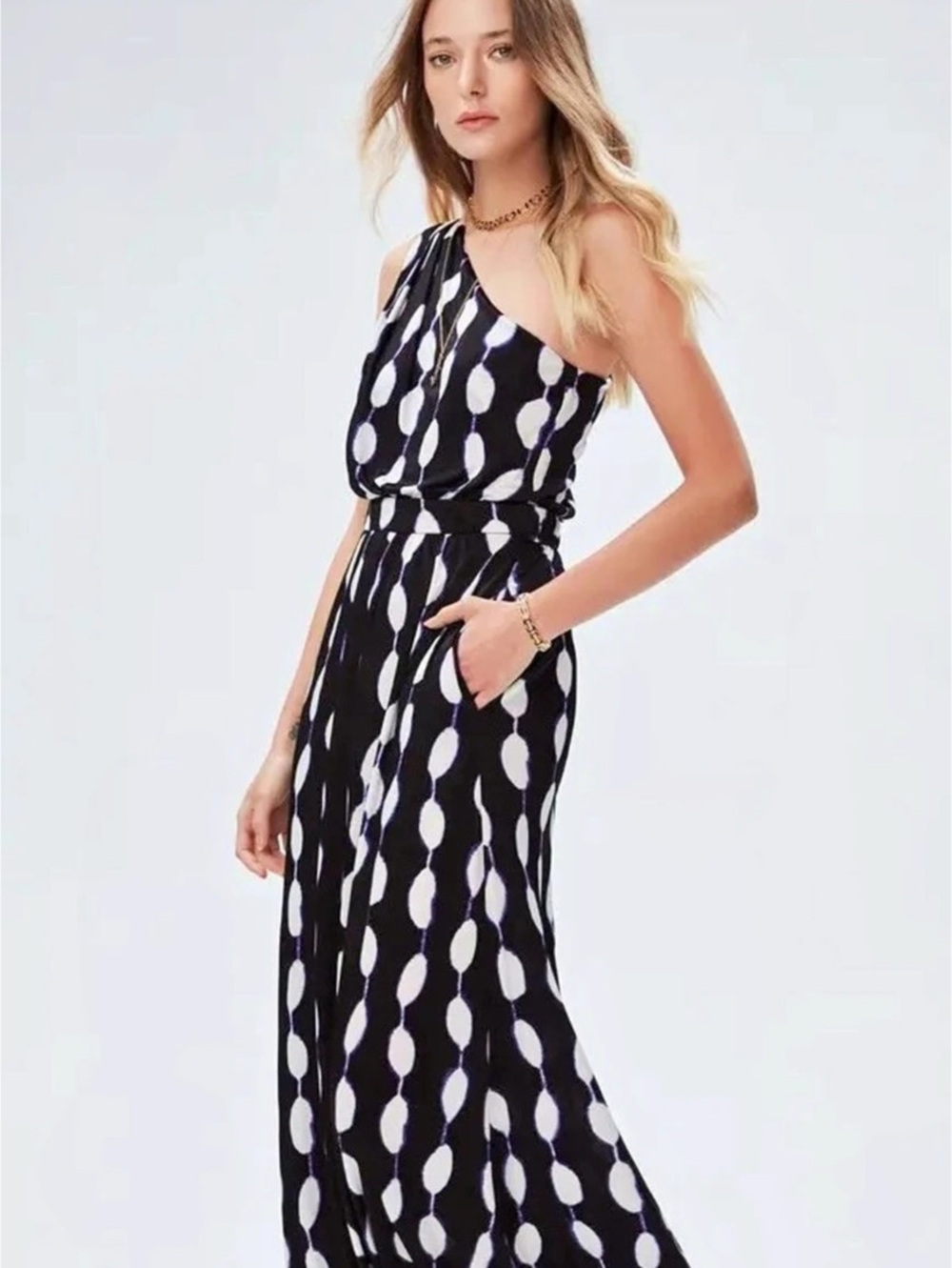 Diane von Furstenberg Kiera One-Shoulder Maxi Dress Black & White Size 6 NWT